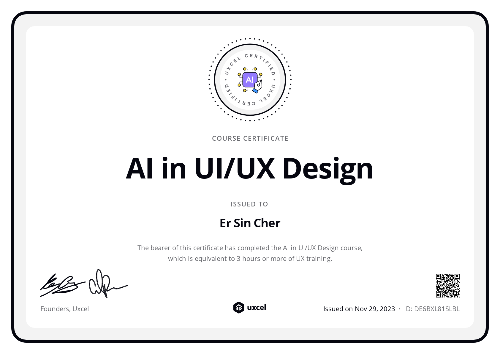 Er Sin Cher's certificate